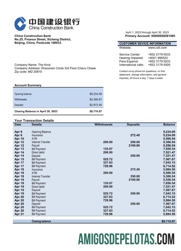 Baixável China Construction Bank Extrato de conta comercial modelo Word e PDF